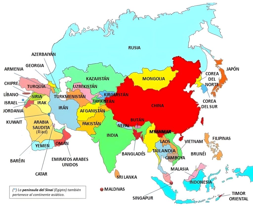 El continente asiático está compuesto actualmente por 48 países soberanos: 41 con todo su territorio en Asia y 7 euroasiáticos (año 2024)